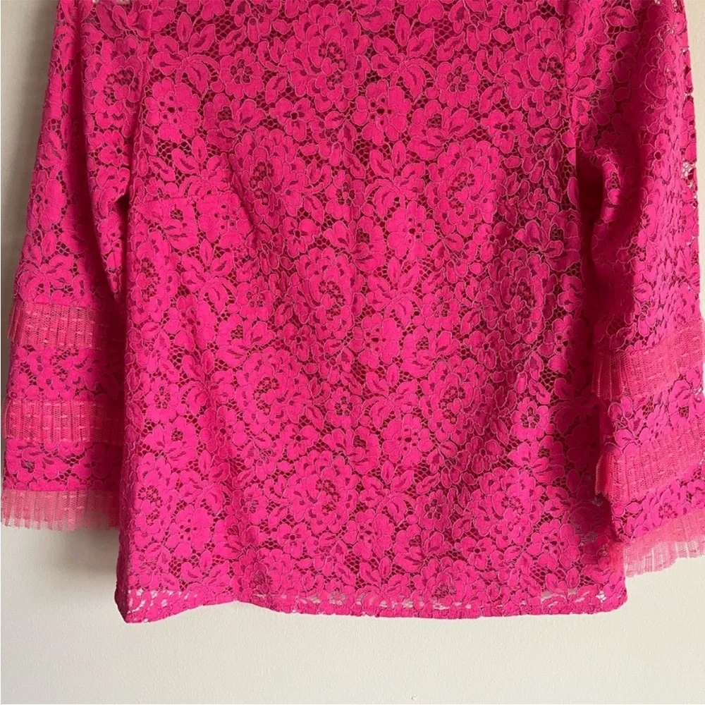 J. Crew Lace Top with Tulle Ruffle Keyhole Button Closure Pink Size XS